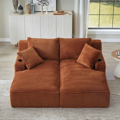 Double Chaise Lounge with Cupholders, Sleeper Loveseat with Spring-Padded Seats, Upholstered Corduroy Chaise Lounge-Coolbibila