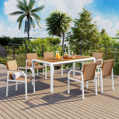 7-Piece Patio Outdoor Dining Set, Wicker Furniture Set of 6 Chairs, Dining Table with Iron Legs and Acacia Wood Tabletop–Cuddlewood