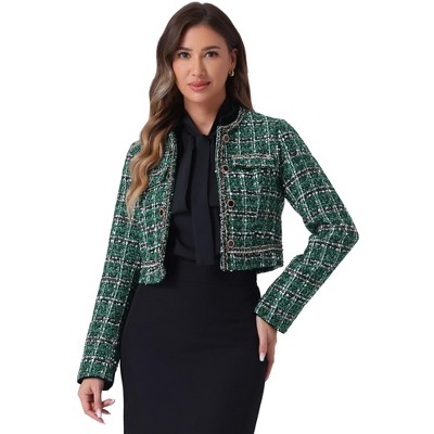 INSPIRE CHIC Women's Double Breasted Open Front Elegant Plaid Tweed Crop Blazer