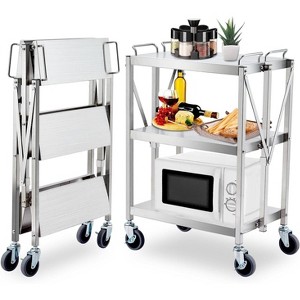 Foldable 3-Tier Stainless Steel Service Cart, 400 lb Capacity, Lockable 360° Swivel Wheels, Rubber Handles for Restaurant, Garage, Warehouse - 1 of 4