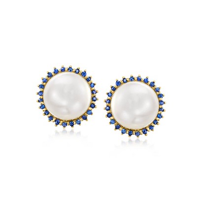 Ross-Simons 9-9.5mm Cultured Pearl and .20 ct. t.w. Sapphire Earrings in 14kt Yellow Gold