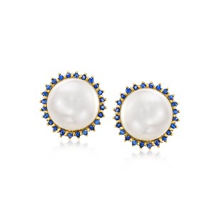 Ross-Simons 9-9.5mm Cultured Pearl and .20 ct. t.w. Sapphire Earrings in 14kt Yellow Gold - 1 of 3