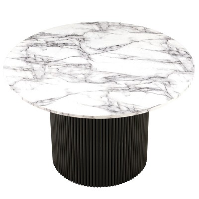 Coolbibila Marble Grain MDF Tabletop Dining Table, Round Kitchen Dining Table With Wood Strip Base And Metal Frame,Modern Kitchen Table