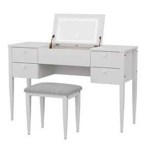 Bedroom Makeup Vanity Desk with Mirror and Lighted Lights - 3 In 1 Modern Flip Top Vanity Set with 5 Drawers, Stool Chair, 3 Lighting Modes - 1 of 4