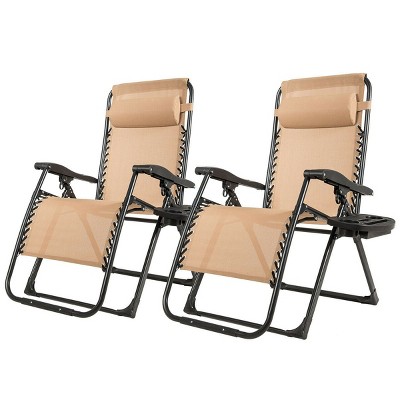 Tangkula 2PCS Folding Zero Gravity Lounge Chair Recliner w/ Cup Holder Pillow