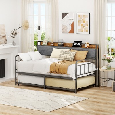 Daybed with Trundle, Sturdy Metal Twin Bed Frame with Upholstered Headboard for Living Room