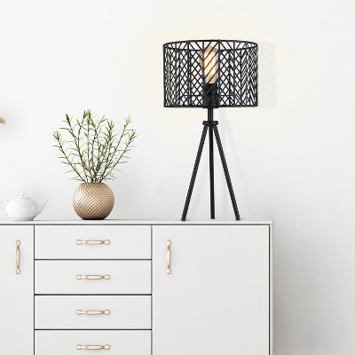 18.5" Black Metal Tripod Table Lamp with Cage Shade
