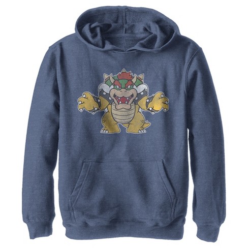 Boy's Nintendo Koopa King Bowser Pull Over Hoodie - Navy Blue Heather - X  Large