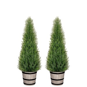 Hykolity Artificial Cedar Topiary Tree, 3FT 4FT with Barrel Planter, Faux Pine Shrubs Plant, Outdoor Indoor Home Decor Realistic Fake Plants, 2-Pack - 1 of 4
