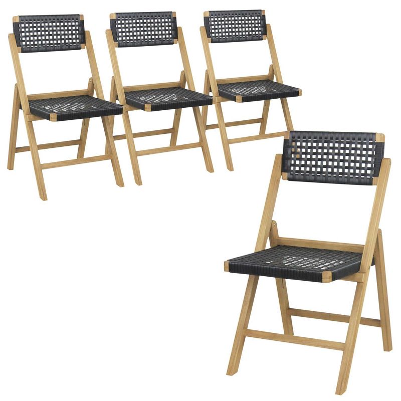 Costway 2/4 Piece Patio Folding Chairs with Woven Rope Seat & High Back Indonesia Teak Wood for Porch Natural&Black, 1 of 9