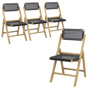Costway 2/4 Piece Patio Folding Chairs with Woven Rope Seat & High Back Indonesia Teak Wood for Porch Natural&Black