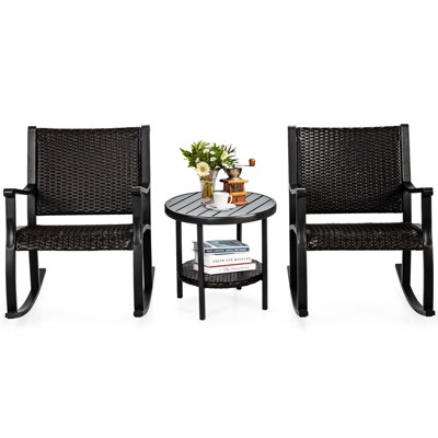 Tangkula 3-Piece Wicker Rocking Bistro Set Outdoor Conversation Set with Coffee Table