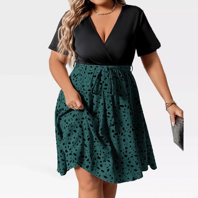 Women's Plus Size Dress Short Sleeve A Line Faux Wrap Dress V Neck Belted Tie Summer Midi Dress Irregular Polka Dot Fit and Flared Dress