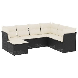 vidaXL 7 Piece Patio Sofa Set with Cushions Black Poly Rattan - Black and Cream Without Table - 1 of 4