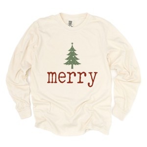 Merry Christmas Tree Stars - Women's Garment Dyed Long Sleeve Graphic T-Shirt - 1 of 4