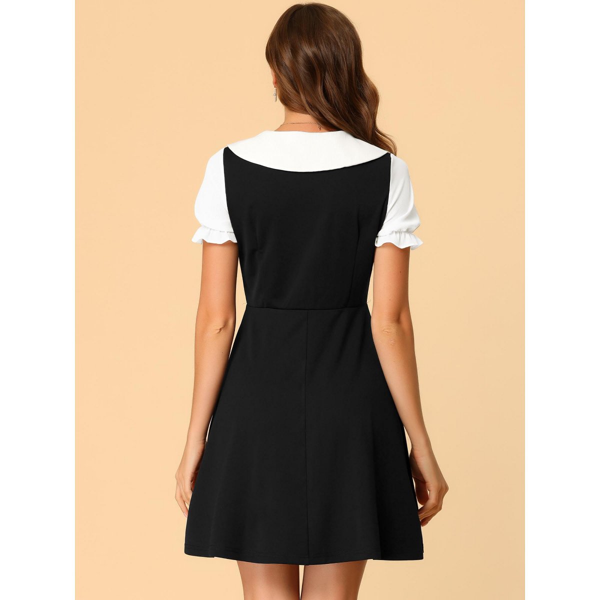 Женские платья INSPIRE CHIC Women's Bowtie Neck Contrast Color A-Line Doll Collar Dress X-Small Black — фото 5