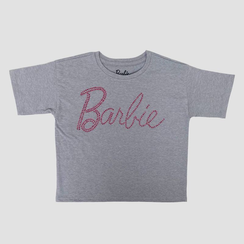 Girls&#39; Barbie Rhinestone Short Sleeve Graphic T-Shirt - Heather Gray, 1 of 4