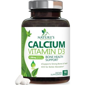 Calcium Supplement with Vitamin D - 1200 mg Calcium Carbonate with 1600 IU of D3 Vitamins - Supports Bone Strength, Teeth - 180 Tablets - 1 of 4