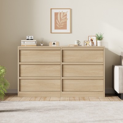6 Chest of Drawer, Drawer Dresser for Bedroom, 46in Wide Natural Oak  with Large Storage, Wooden Dresser Organizer for Living Room, Nursery, Entryway