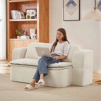 Aukfa 74.8" Convertible Sleeper Sofa Bed, 2-in-1 Folding Futon with Cushion Blanket Comfy Foam Compression Sofas Couches,Beige