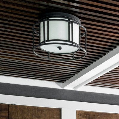 Matte Black Steel and Glass Drum Flush Mount Light