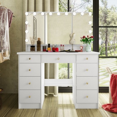 Famapy 43"W Large Vanity Table 9-Drawer Vanity Set with Crystal Pulls and Versatile Mirror Lighting