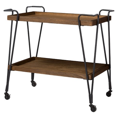 Jessica Rustic Industrial Style Textured Finish Metal Distressed Ash Wood  Mobile Serving Bar Cart - Black & Brown - Baxton Studio