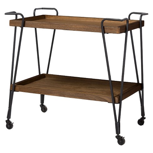 Jessica Rustic Industrial Style Textured Finish Metal Distressed Ash Wood Mobile Serving Bar Cart - Black & Brown - Baxton Studio - image 1 of 4