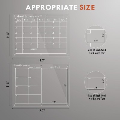 Maison Magnetic Acrylic Lucite Calendar for Fridge 2 12"x16"  Clear Boards Dry Erase Planner Set Includes Colorful Magnetic Pen Holder Eraser Towel