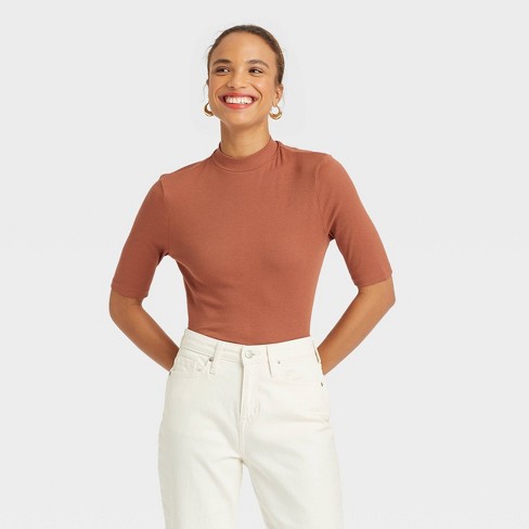 Women's Elbow Sleeve Mock Turtleneck T-shirt - A New Day™ Light Brown S :  Target