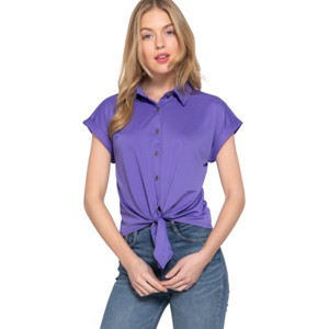 Slickblue Women's Short Sleeve Front Tie Top, Stretch ITY Fabric, Casual to Dressy Style, Black/Purple, Size S-L - 1 of 4
