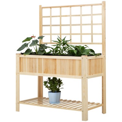 Outsunny 47'' Wooden Raised Garden Bed with Trellis Coutryside Style Elevated Planter Box Stand with Open Shelf Spacious Planting Area