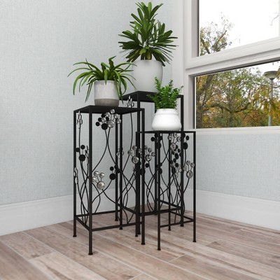 Set of 3 Black Iron Floral Plant Stands