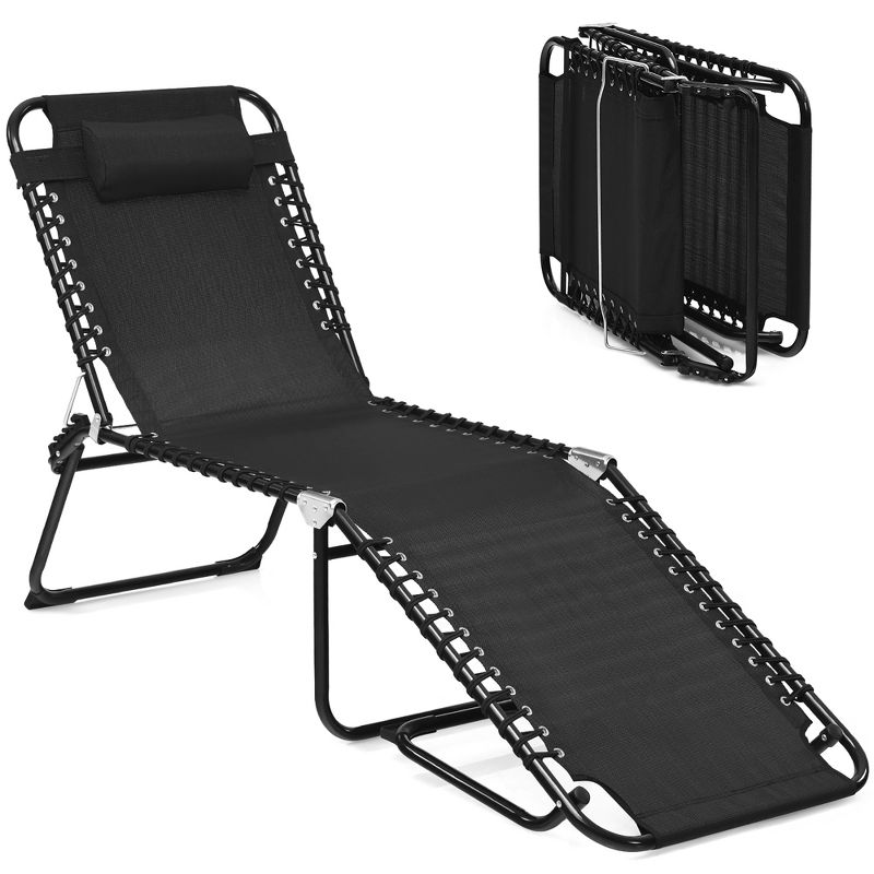 Costway Folding Beach Lounge Chair Heightening Design Patio Lounger w/ Pillow Black\Grey, 3 of 10