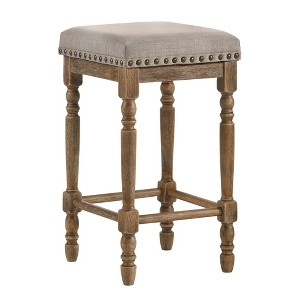 Counter Height Stools with Nailhead Trim, Fabric Seat, and Weathered Oak Turned Legs, Ideal for Kitchens and Bars (Set of 2) - 1 of 4