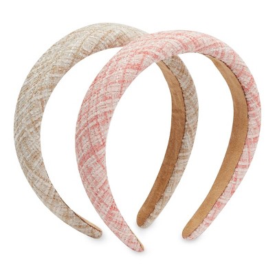 Glamlily 2 Pack Tweed Padded Headbands for Women, Girls, Teens (Pink, Beige)