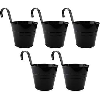 Darware Black Hanging Flower Pots, 5pk; 6in Metal Planter Buckets w/ Hooks for Fence / Balcony Railing