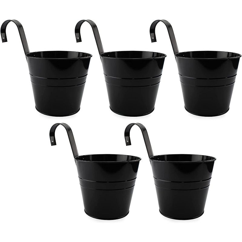 Darware Black Hanging Flower Pots, 5pk; 6in Metal Planter Buckets w/ Hooks for Fence / Balcony Railing, 1 of 8