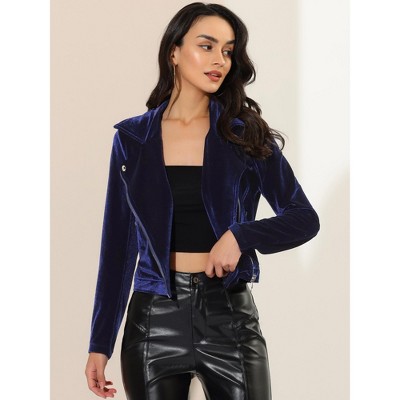 Allegra K Women's Velvet Zipper Lapel Collar Moto Biker Jacket Blue Medium — фото 3