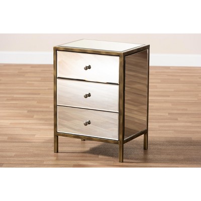 Nouria Antique Brass Trim Mirrored 3-Drawer Nightstand - Silver
