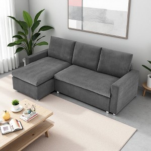 90" Corduroy Sleeper Sectional Sofa Bed with Pull-Out Bed & Reversible Storage Chaise - 1 of 4