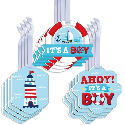 Big Dot of Happiness Ahoy It's a Boy - Assorted Hanging Nautical Baby Shower Favor Tags - Gift Tag Toppers - Set of 12