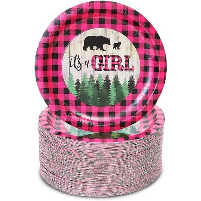 Sparkle and Bash 80-Pack It's a Girl Party Supplies, Pink Buffalo Plaid Disposable Plates Baby Shower, Gender Reveal