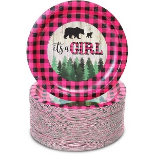 Sparkle and Bash 80-Pack It's a Girl Party Supplies, Pink Buffalo Plaid Disposable Plates Baby Shower, Gender Reveal - 1 of 4