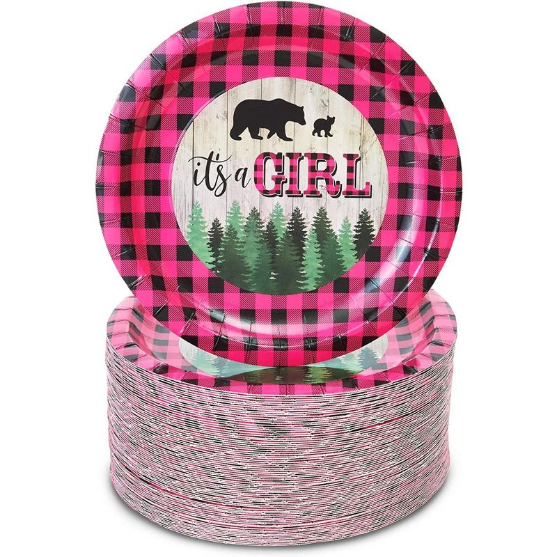 Sparkle and Bash 80-Pack It's a Girl Party Supplies, Pink Buffalo Plaid Disposable Plates Baby Shower, Gender Reveal, 1 of 6