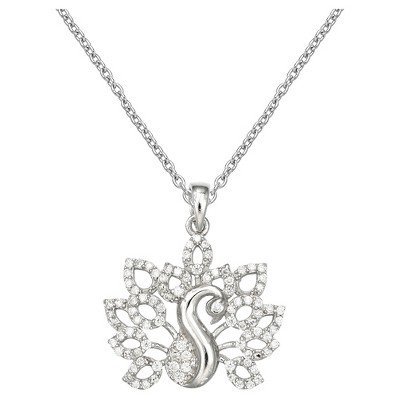 Women's Peacock Pendant with Pave Cubic Zirconia in Sterling Silver - Silver/Clear (18")