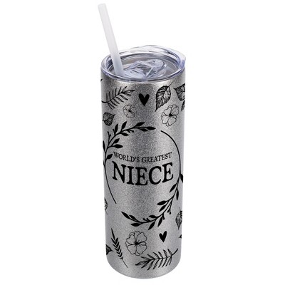 Elanze Designs Floral Silvertone Sparkle 20 Ounce Double Wall Stainless Steel Glitter Travel Tumbler With Sliding Lid And Straw, World's Greatest