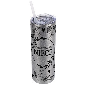 Elanze Designs Floral Silvertone Sparkle 20 Ounce Double Wall Stainless Steel Glitter Travel Tumbler With Sliding Lid And Straw, World's Greatest - 1 of 4