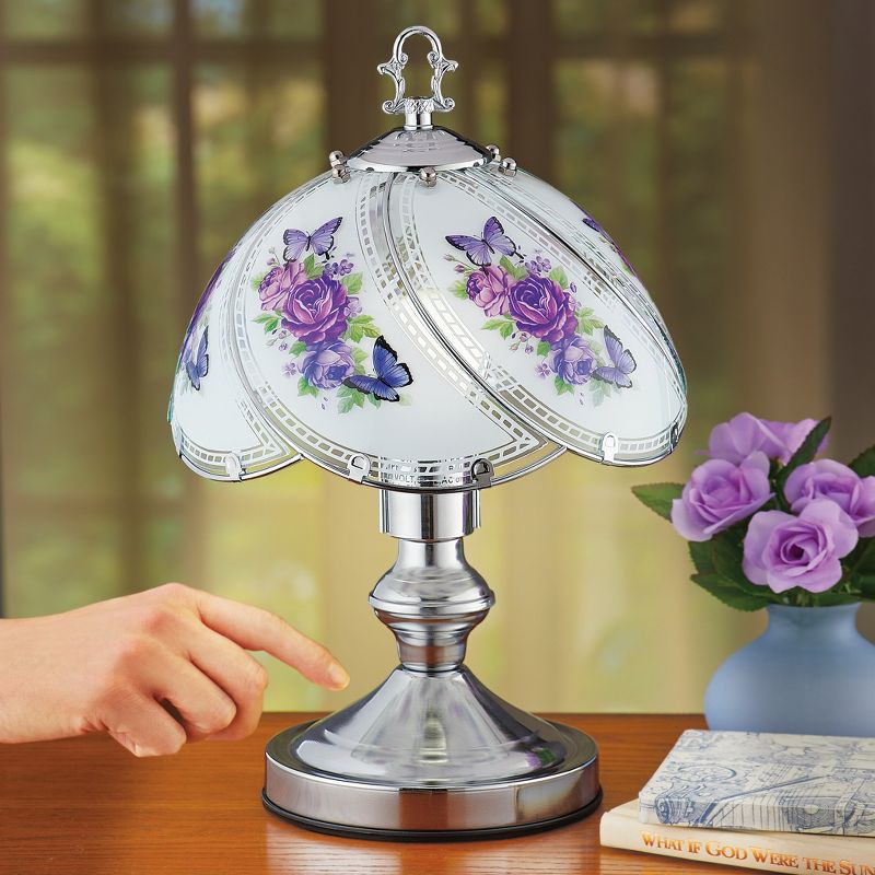 Collections Etc Purple Floral Touch Lamp with Silver-Tone Base 9 X 9 X 14 Purple Traditional, 2 of 3