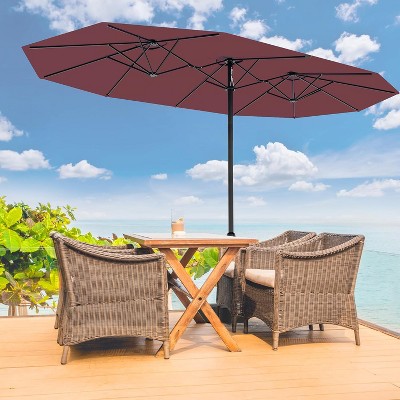 15FT Large Patio Double-Sided Rectangle Market Umbrella with Base for Poolside Lawn Backyard, waterproof, Breathable, and UV-resistant